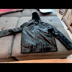 Mens leather jacket with hood